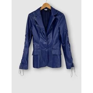 ASOS Reclaimed Vintage Navy Blue Faux Leather Lace-Up Sleeve Blazer Size 6